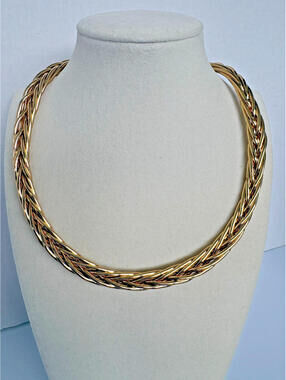 Vintage Shiny Gold Tone Braided Metal Collar Choker Necklace